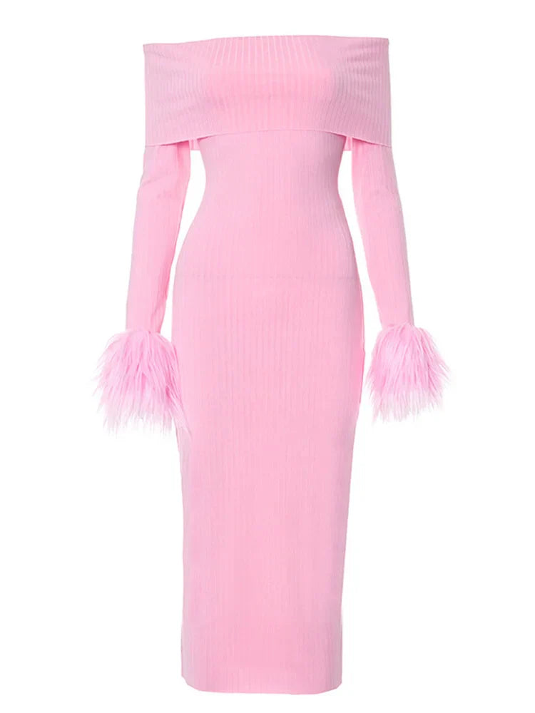 Knitted Long Sleeve OffShoulder Fur Patchwork Ribbed Bodycon Midi Dress