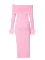 Knitted Long Sleeve OffShoulder Fur Patchwork Ribbed Bodycon Midi Dress