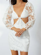 Long Sleeve V Neck Tie-up Backless Floral See Through Mini Dresses