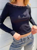 Lace Patchwork Long Sleeve Round Neck Spring Fall Slim Fit Casual T-shirts