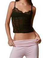 Mesh Sleeveless Spaghetti Strap Lace Patchwork Summer Ruched Slim Fit Mini Vest Streetwear Crop Top