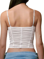 Mesh Sleeveless Spaghetti Strap Lace Patchwork Summer Ruched Slim Fit Mini Vest Streetwear Crop Top