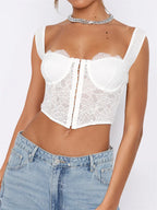See Through Mesh Sheer Camisoles Sexy Lace Slim Fit Low Cut Square Neck Buttons Vest Streetwear Crop Top