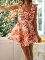 Flower Print Sleeveless TieUp Mini Dresses