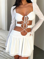 Solid Criss-Cross Tie-Up Long Sleeve Mini Dresses