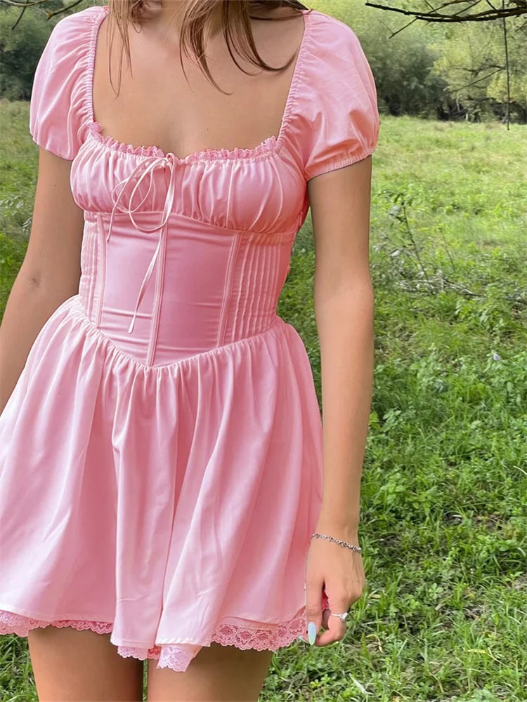 Corset Lace Front TieUp Short Sleeve Mini Dresses