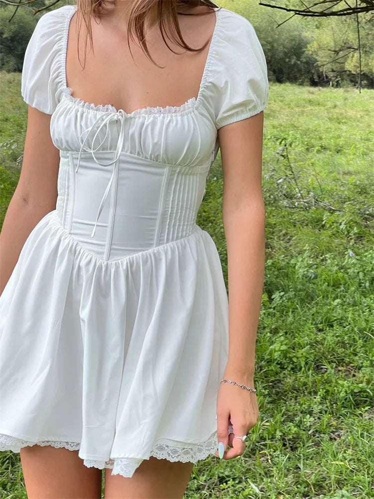 Corset Lace Front TieUp Short Sleeve Mini Dresses