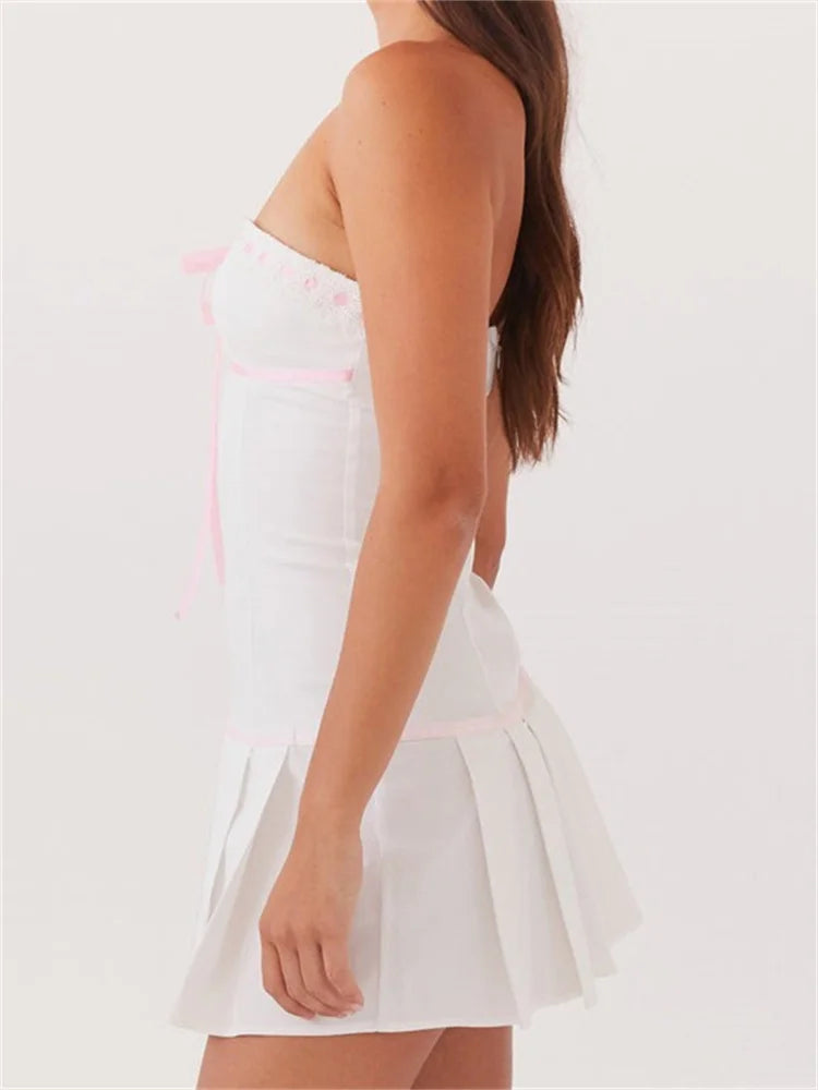 Contrast Color Strapless Bow Front TieUp Mini Dresses