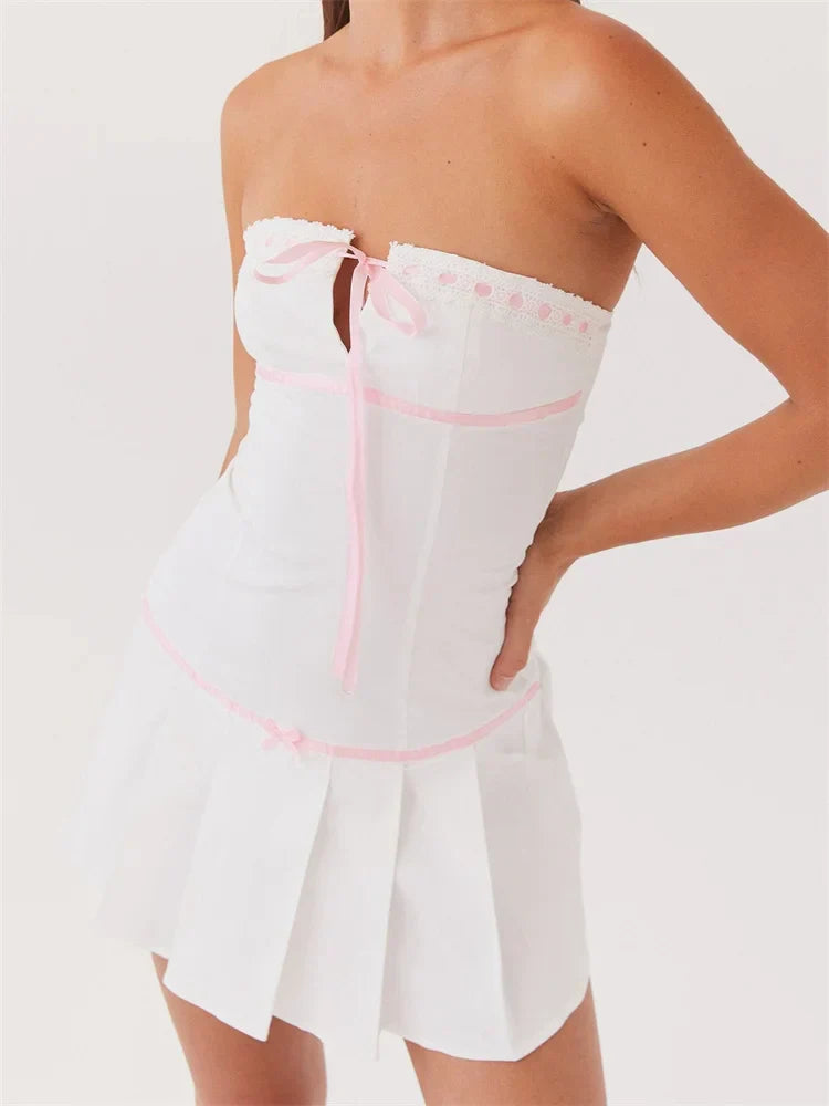 Contrast Color Strapless Bow Front TieUp Mini Dresses
