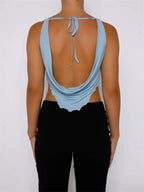 Women Vintage Low Cut Ruched Sleeveless Strap Slim Fit Backless Lace-up Y2K Streetwear 2024 New Crop Top