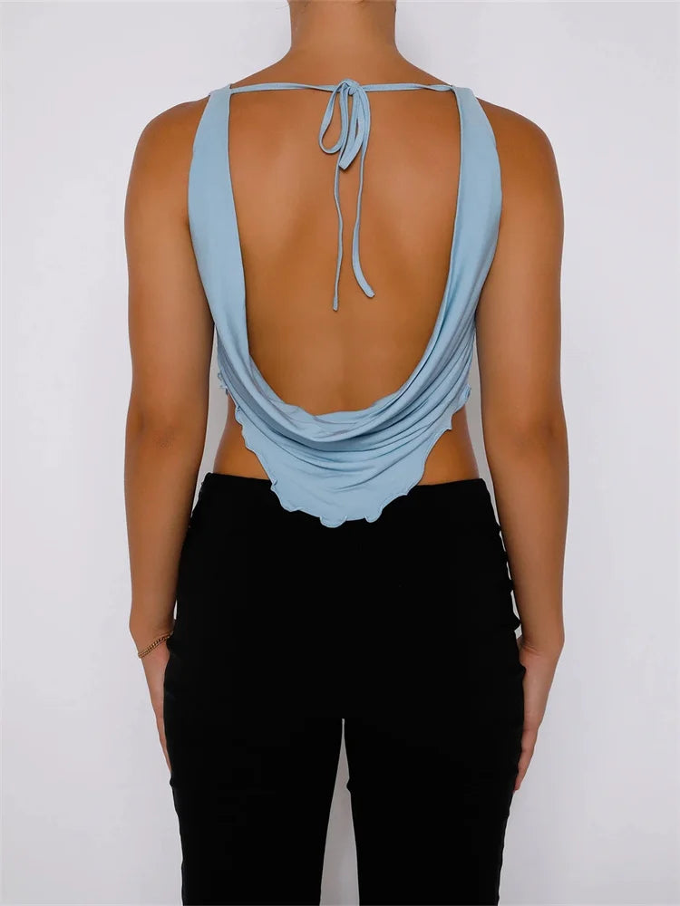 Women Vintage Low Cut Ruched Sleeveless Strap Slim Fit Backless Lace-up Y2K Streetwear 2024 New Crop Top