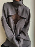 JuliaFashion  Y2K Spring Autumn Hollow Out Knitwear Mesh Patchwork Long Sleeve High Neck Ribbed Knitted Pullovers Sweater