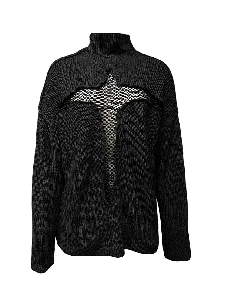JuliaFashion  Y2K Spring Autumn Hollow Out Knitwear Mesh Patchwork Long Sleeve High Neck Ribbed Knitted Pullovers Sweater