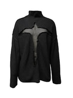 JuliaFashion  Y2K Spring Autumn Hollow Out Knitwear Mesh Patchwork Long Sleeve High Neck Ribbed Knitted Pullovers Sweater