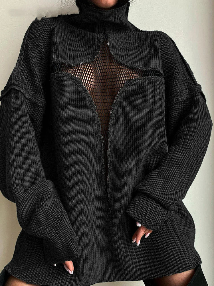 JuliaFashion  Y2K Spring Autumn Hollow Out Knitwear Mesh Patchwork Long Sleeve High Neck Ribbed Knitted Pullovers Sweater