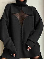JuliaFashion  Y2K Spring Autumn Hollow Out Knitwear Mesh Patchwork Long Sleeve High Neck Ribbed Knitted Pullovers Sweater