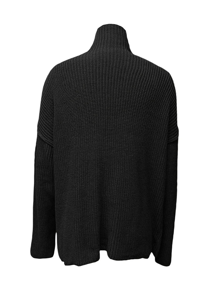 JuliaFashion  Y2K Spring Autumn Hollow Out Knitwear Mesh Patchwork Long Sleeve High Neck Ribbed Knitted Pullovers Sweater