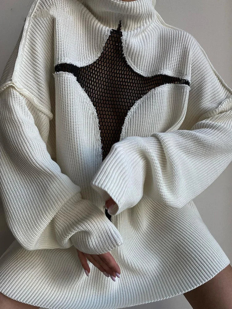 JuliaFashion  Y2K Spring Autumn Hollow Out Knitwear Mesh Patchwork Long Sleeve High Neck Ribbed Knitted Pullovers Sweater