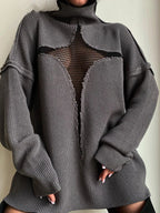 JuliaFashion  Y2K Spring Autumn Hollow Out Knitwear Mesh Patchwork Long Sleeve High Neck Ribbed Knitted Pullovers Sweater