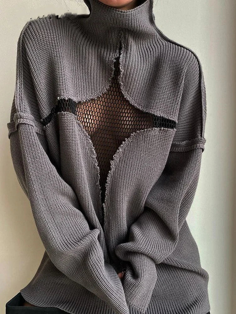 JuliaFashion  Y2K Spring Autumn Hollow Out Knitwear Mesh Patchwork Long Sleeve High Neck Ribbed Knitted Pullovers Sweater