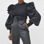 DressBetty - Puff Sleeve Patchwork Slim Top