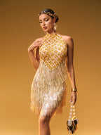 Embellished Fringe Mini Dress In Gold
