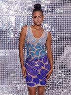 Crystal Embellished Mini Dress In Light Nude & Blue