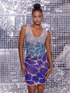 Cairo Crystal Embellished Mini Dress In Light Nude & Blue