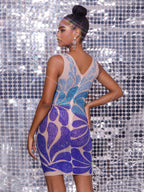 Crystal Embellished Mini Dress In Light Nude & Blue