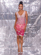 Cairo Crystal Embellished Mini Dress In Light Nude & Hot Pink