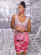Crystal Embellished Mini Dress In Light Nude & Hot Pink