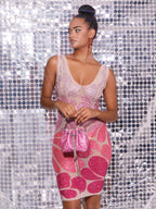 Cairo Crystal Embellished Mini Dress In Light Nude & Hot Pink