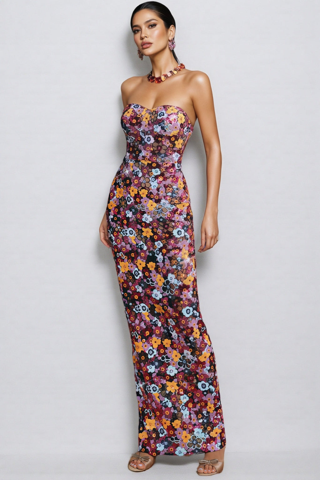 Cyria Strapless Flower Sequin Maxi Dress
