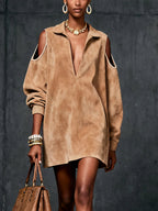 Camel Faux Suede Cold-Shoulder Dress