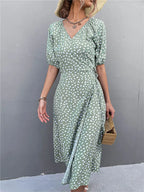Casual Chiffon Side Wrap Polka Dot Puff Aline Split Midi Dresses