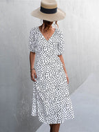 Casual Chiffon Side Wrap Polka Dot Puff Aline Split Midi Dresses