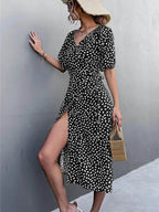 Casual Chiffon Side Wrap Polka Dot Puff Aline Split Midi Dresses