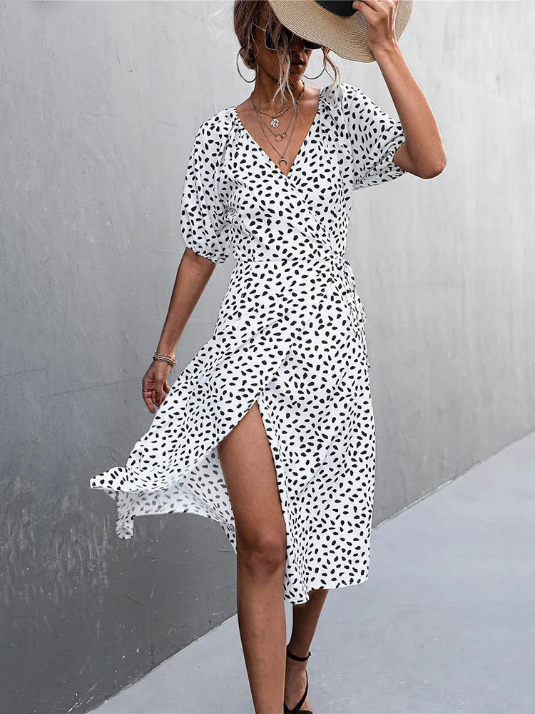 Casual Chiffon Side Wrap Polka Dot Puff Aline Split Midi Dresses