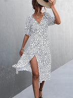 Casual Chiffon Side Wrap Polka Dot Puff Aline Split Midi Dresses