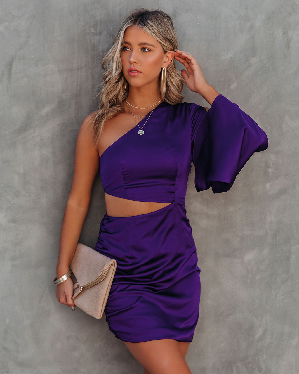 Caydan Satin One Shoulder Cutout Dress Plum FINAL