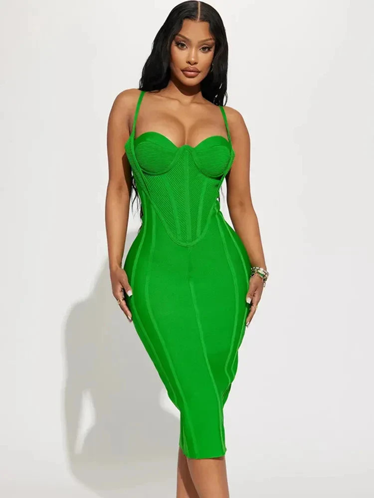 Summer Sexy Sleeveless Backless Green Midi Bodycon Bandage Elegant Party Dress