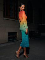 Celestial Ombre Long Sleeve Mesh Midi Dress