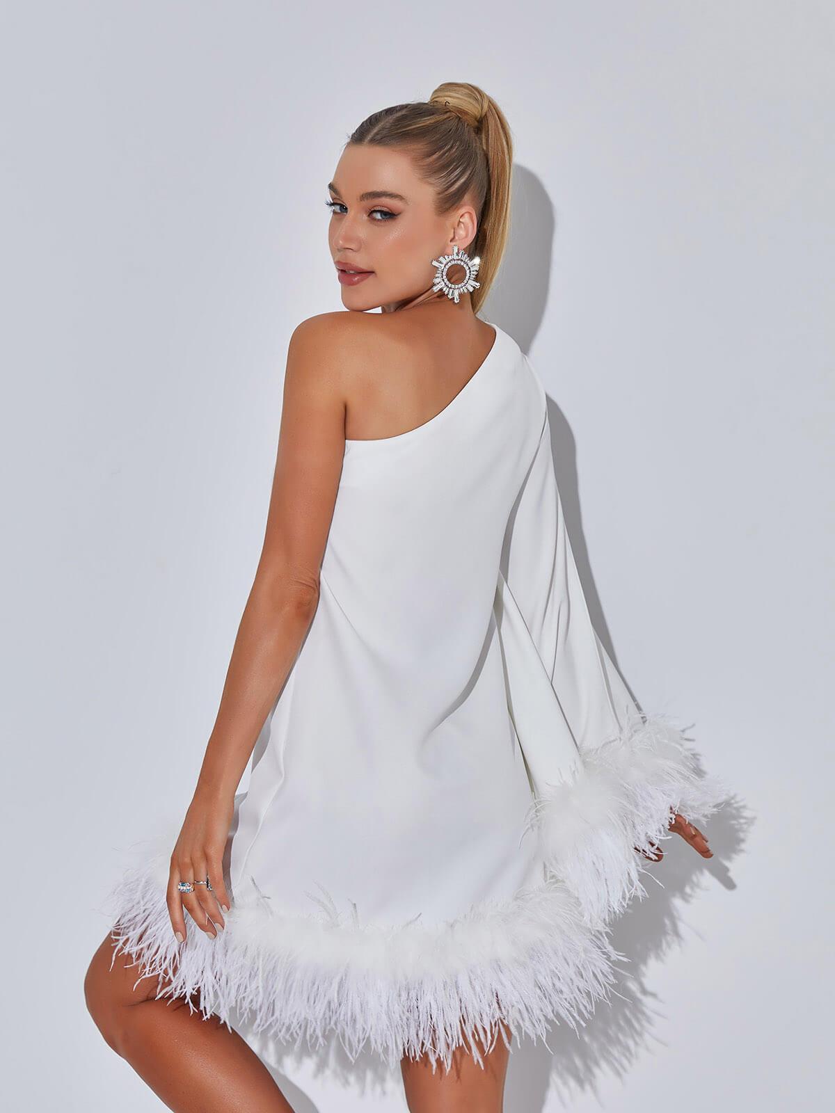 Ceridwen One Shoulder Feather Mini Dress In White