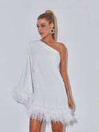 Ceridwen One Shoulder Feather Mini Dress In White