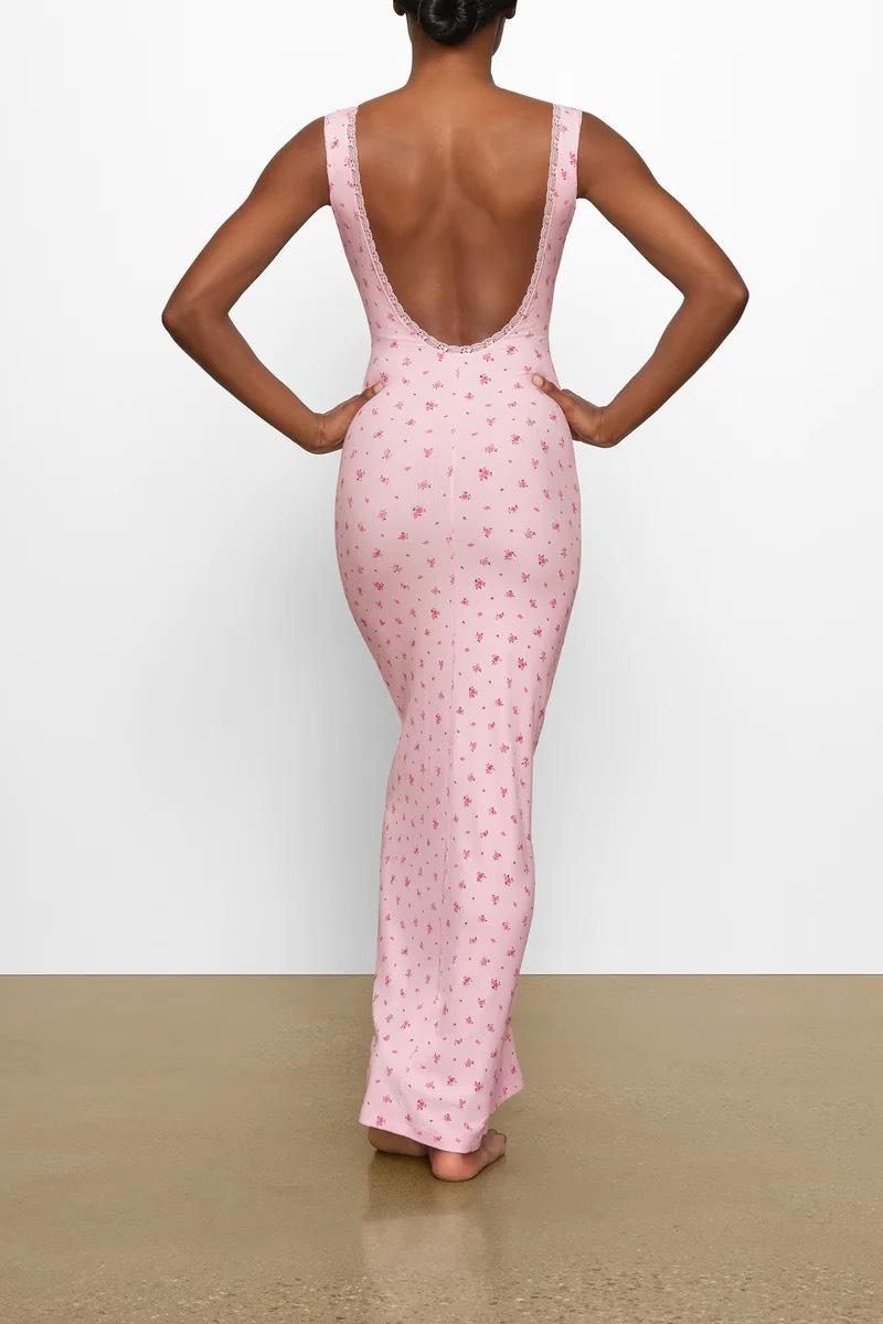 Sara Premium Cherry Red Backless Maxi Dress with Floral Print Designer Edit
