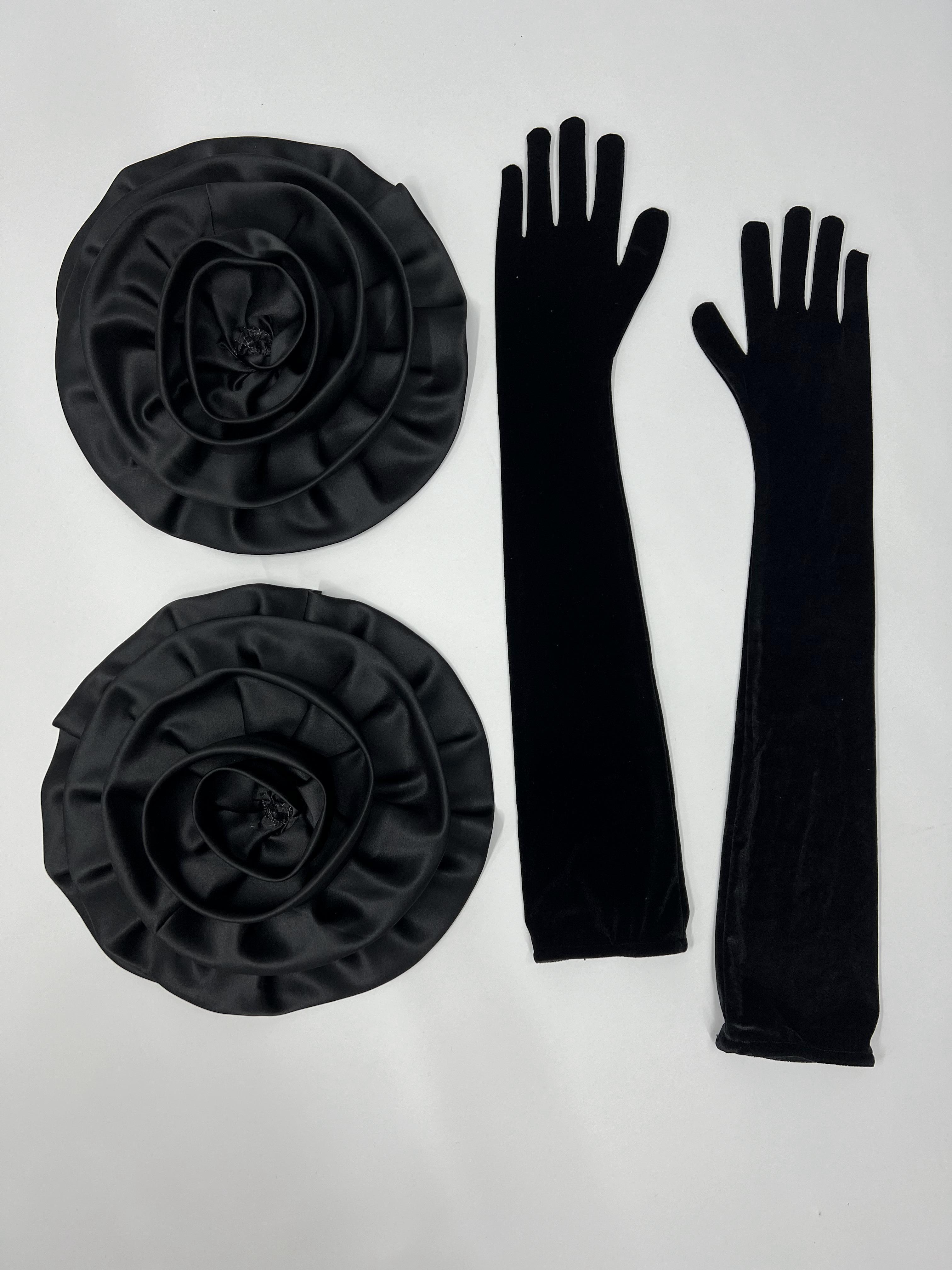 Camellia Flower Satin Gloves In Black
