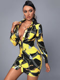 Chain Print Colorblock Ruched Button Up Shirt Dress
