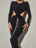 Chandani Long Sleeve Flower Fringe Midi Dress
