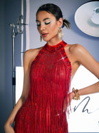 Crystal Fringe Mini Dress In Red