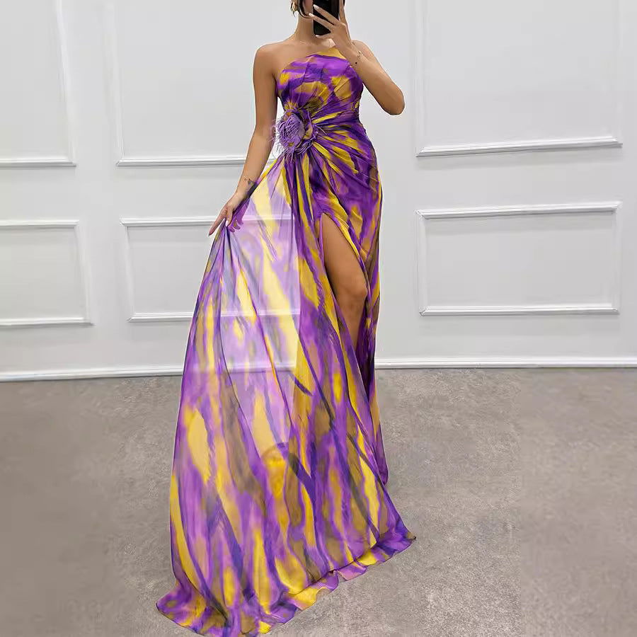 Chiffon Floral Print Slit Dress Casual Party Long Dress